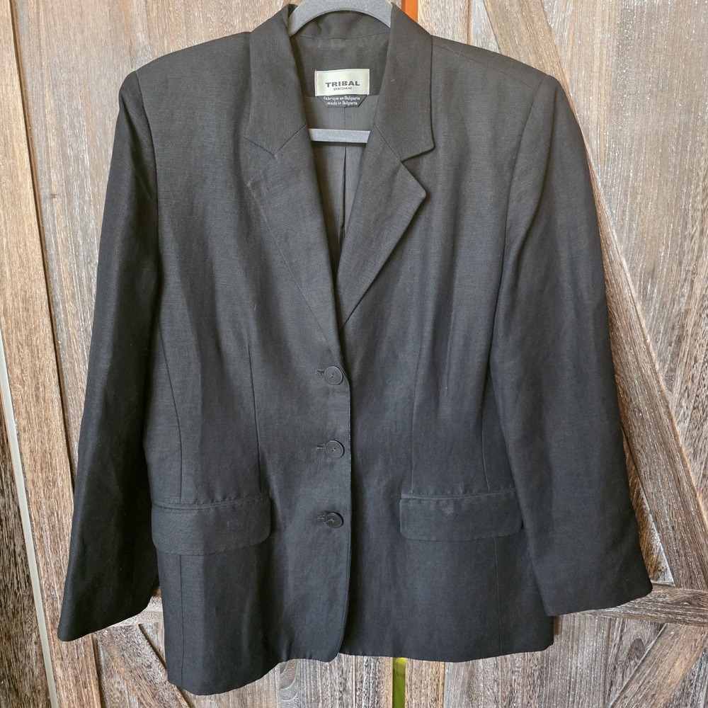Tribal Jacket Womens Size 12 Black Blazer 3 Button Lined Linen Blend Lightweight